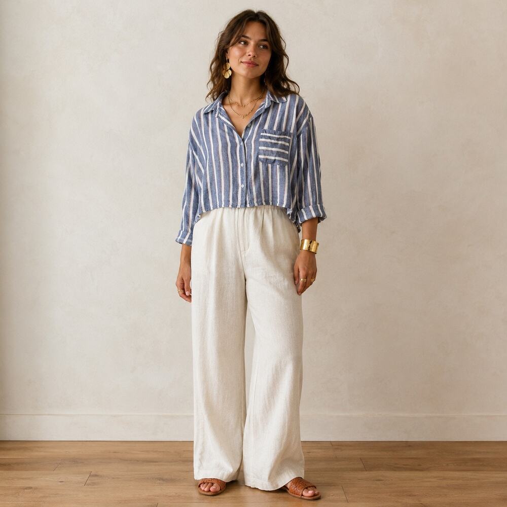 Sigrid Olsen Linen Cotton Stripe Shirt XL Oversized Cropped Coastal Boho - Picture 2 of 11